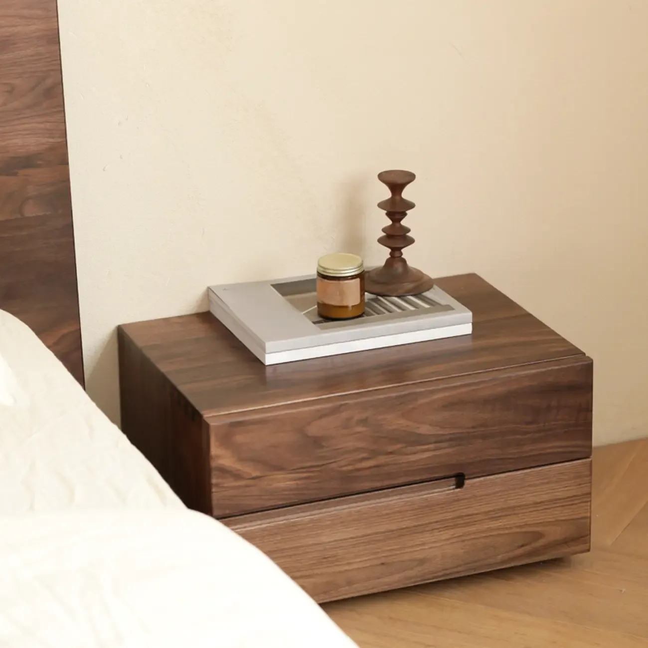 Scandinavian Brown Wood Bedside Table with 2 Drawer Image - 2