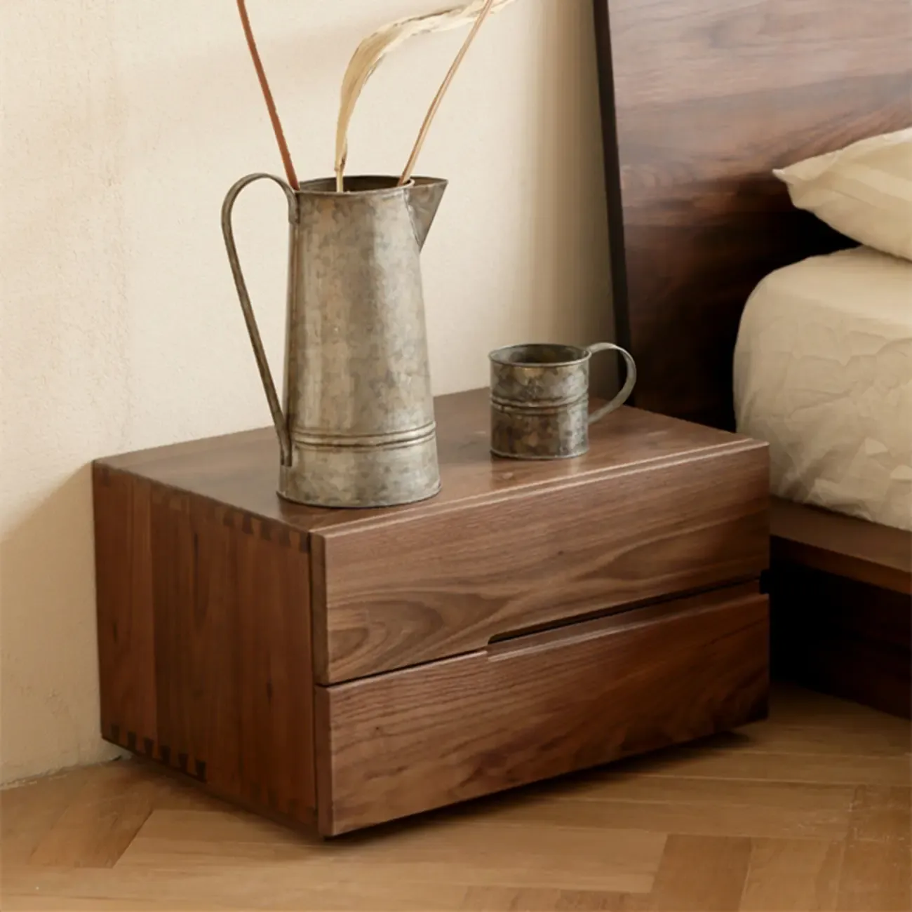 Scandinavian Brown Wood Bedside Table with 2 Drawer Image - 3