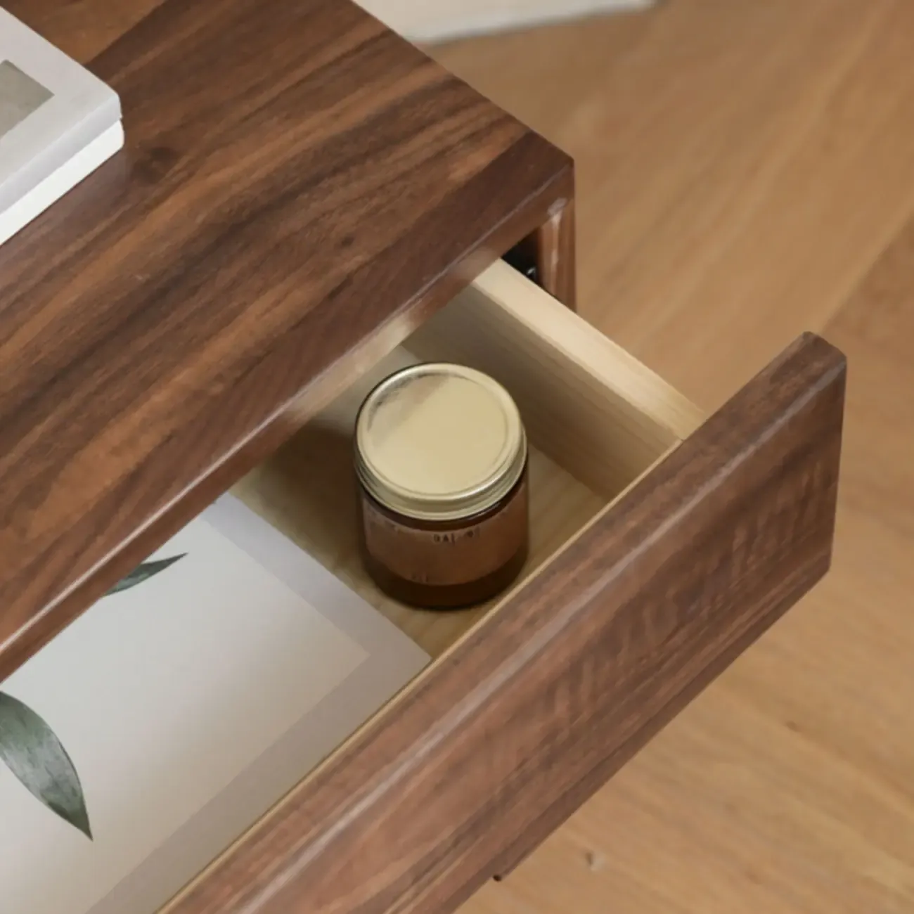 Scandinavian Brown Wood Bedside Table with 2 Drawer Image - 4