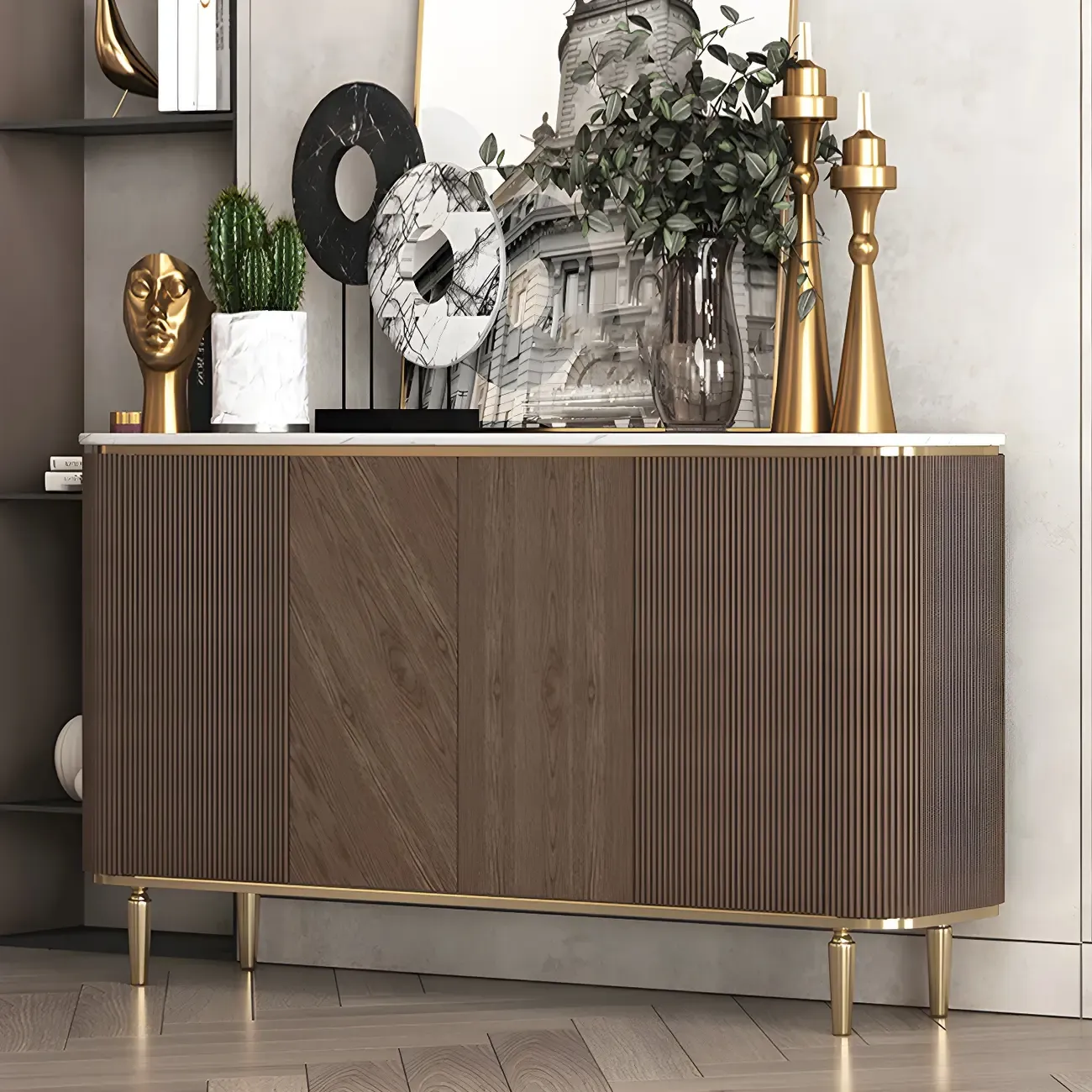 Glam Brown Wooden Sideboard with Marble Top Image - 4