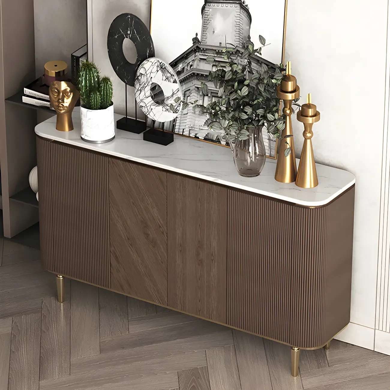 Glam Brown Wooden Sideboard with Marble Top Image - 6