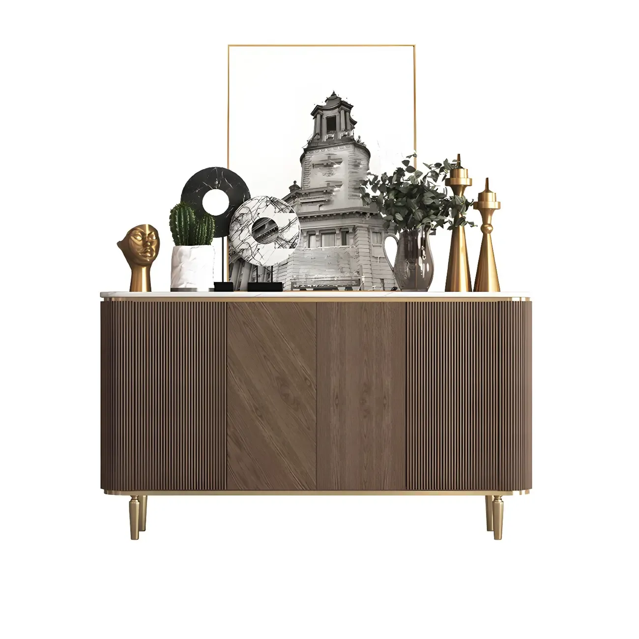 Glam Brown Wooden Sideboard with Marble Top Image - 9