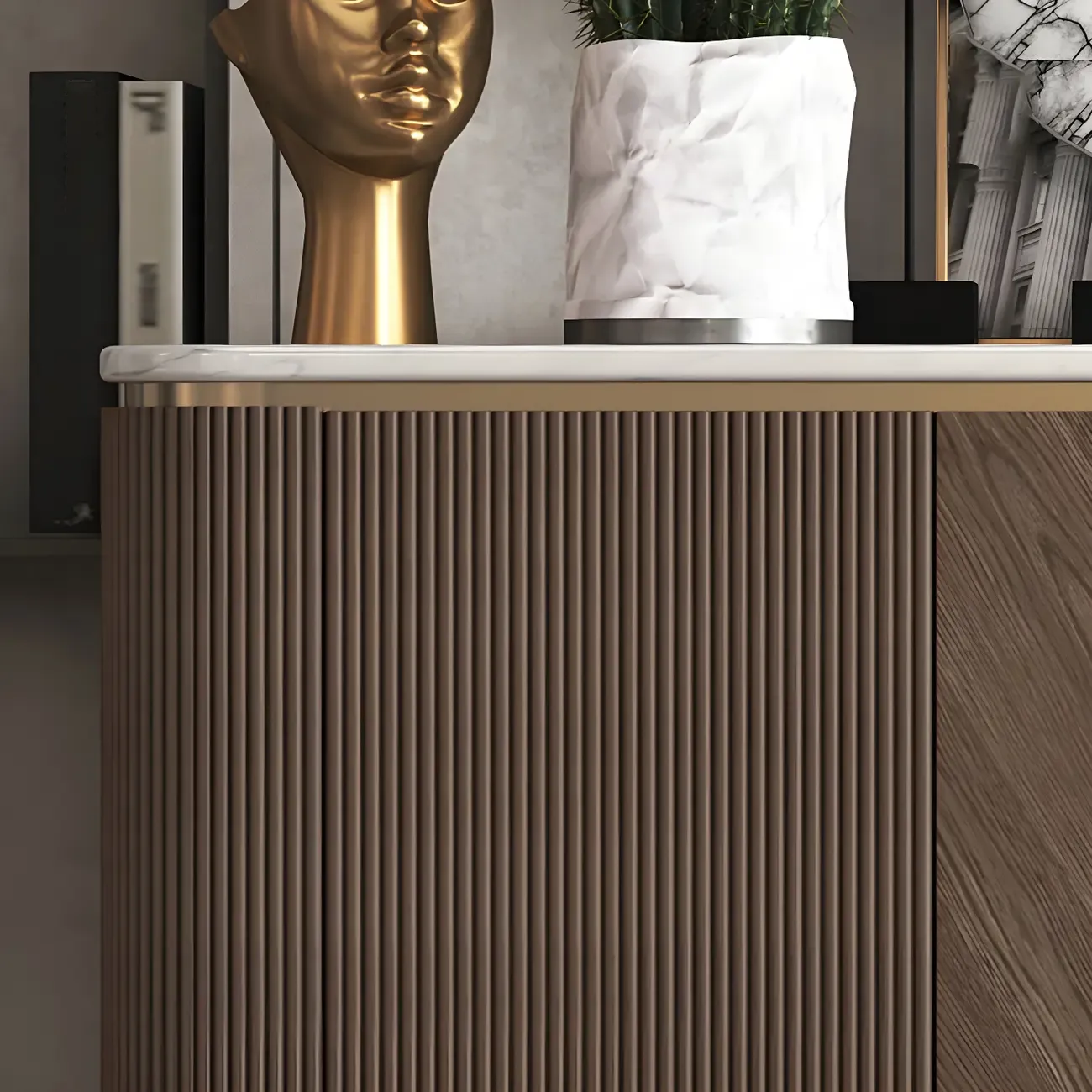 Glam Brown Wooden Sideboard with Marble Top Image - 11
