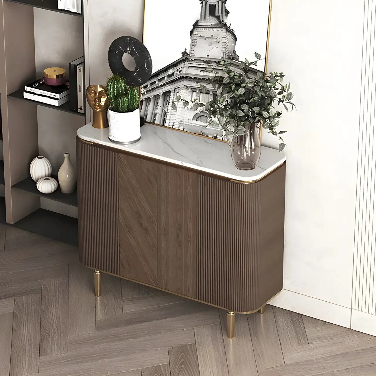 Glam Brown Wooden Sideboard with Marble Top Image - 14