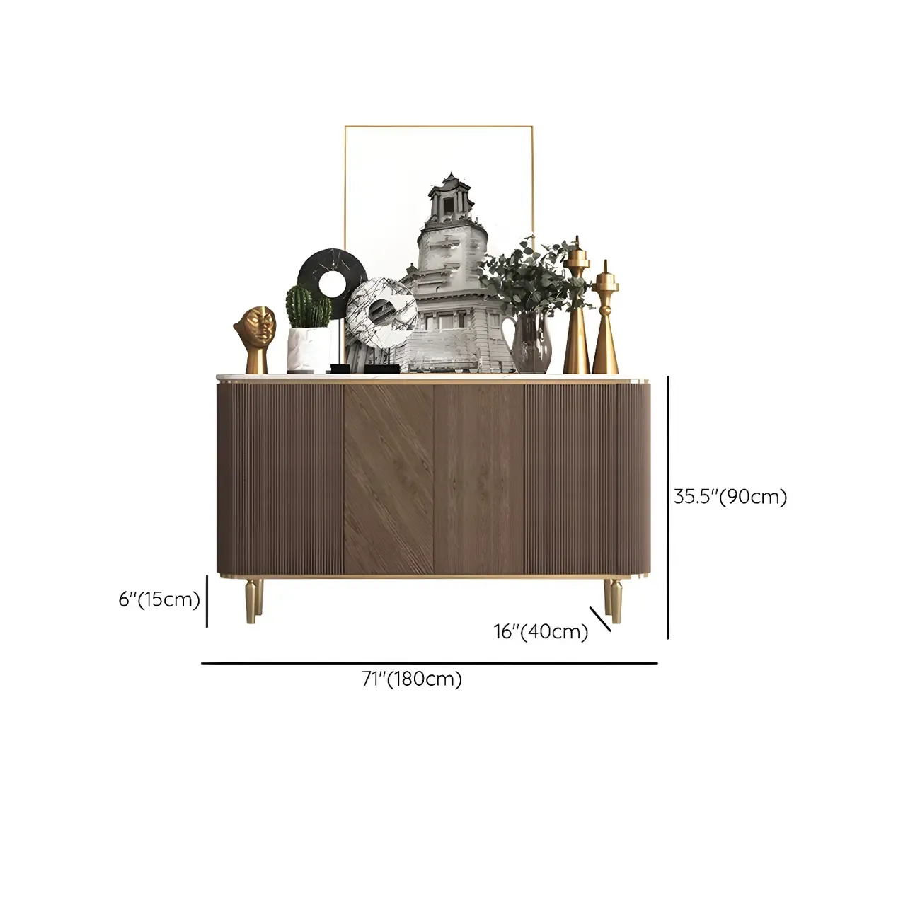 Glam Brown Wooden Sideboard with Marble Top Image - 16