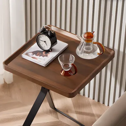 C-Shpaed Brown Wood Round Side Table with Metal Legs Image - 3