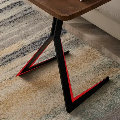 C-Shpaed Brown Wood Round Side Table with Metal Legs Image - 4