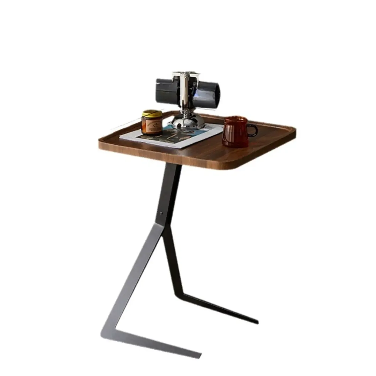 C-Shpaed Brown Wood Round Side Table with Metal Legs Image - 5