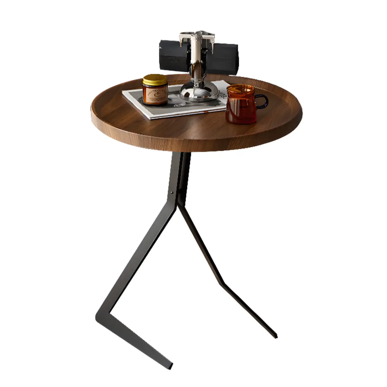 C-Shpaed Brown Wood Round Side Table with Metal Legs Image - 6