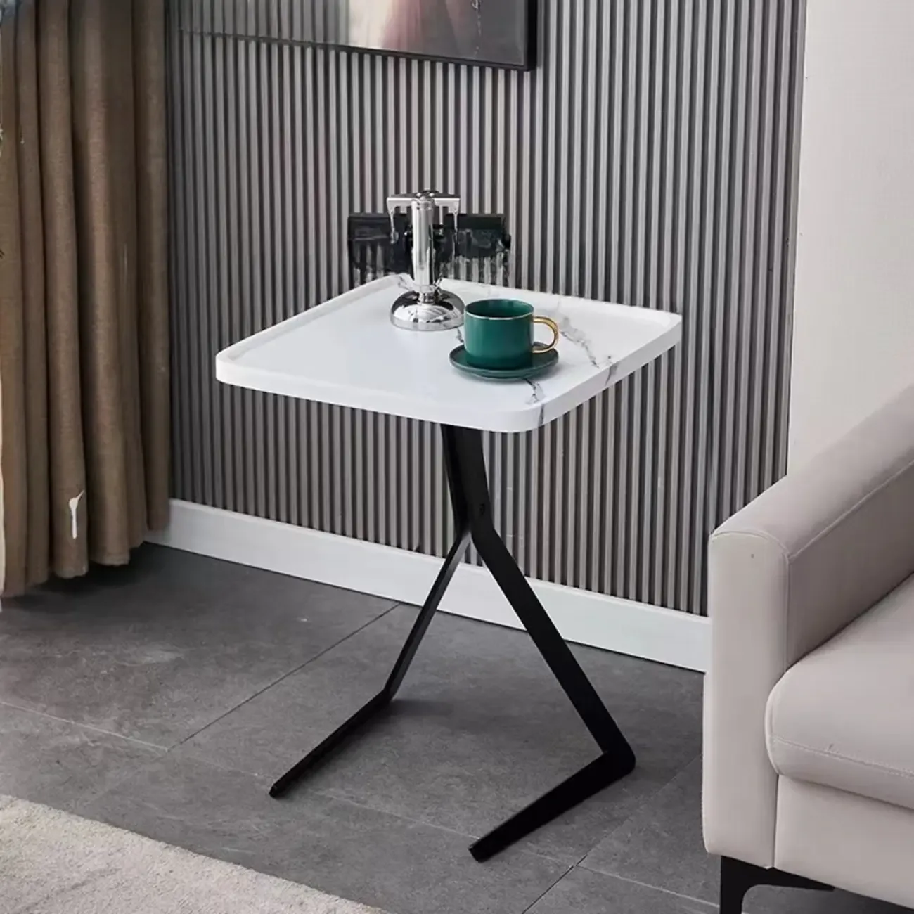 C-Shpaed Brown Wood Round Side Table with Metal Legs Image - 7