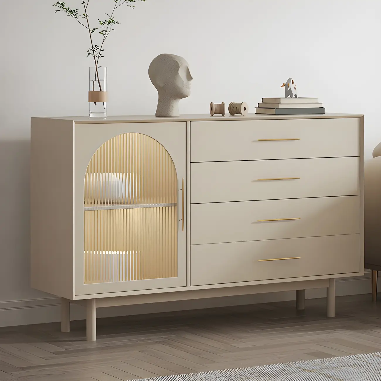 Elegant White Wooden Sideboard with Drawers & Glass Doors Image - 4 | homeyfad