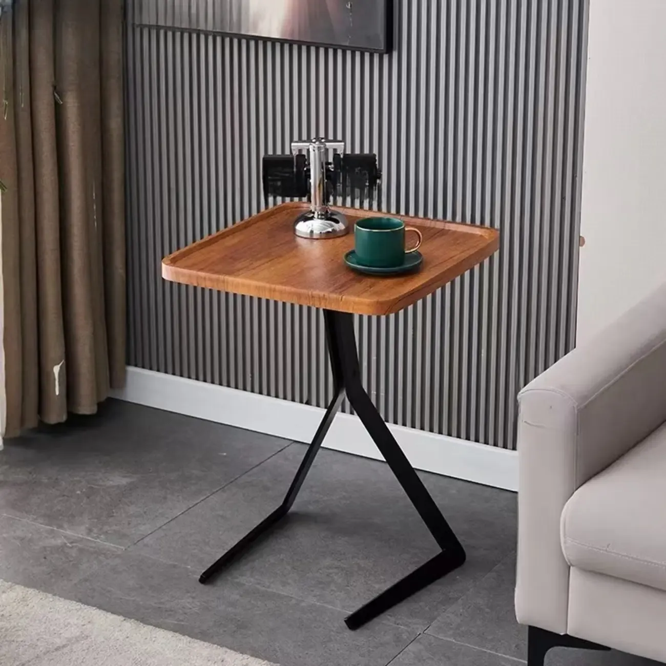 C-Shpaed Brown Wood Round Side Table with Metal Legs Image - 9