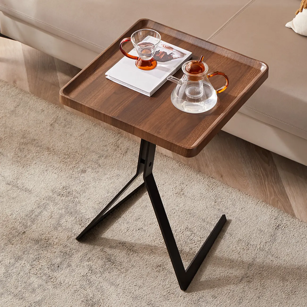 C-Shpaed Brown Wood Round Side Table with Metal Legs Image - 11 | homeyfad