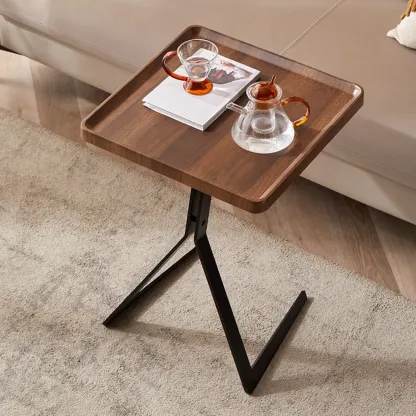 C-Shpaed Brown Wood Round Side Table with Metal Legs Image - 11