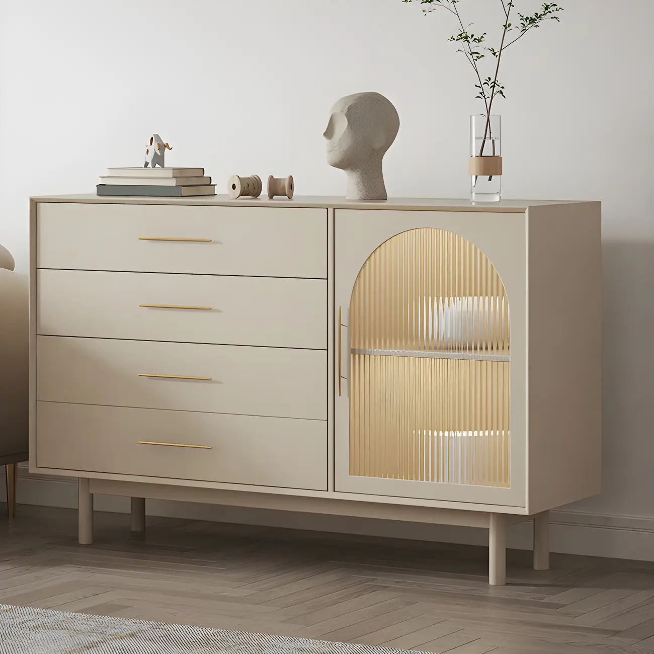 Elegant White Wooden Sideboard with Drawers & Glass Doors Image - 7 | homeyfad