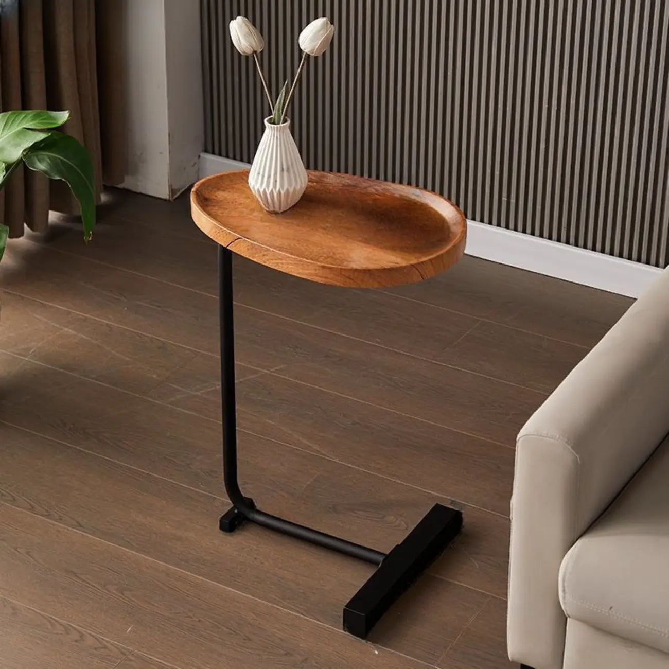 Oval Natural Wood End Table with Tray Top for Living Room Image - 3 | homeyfad