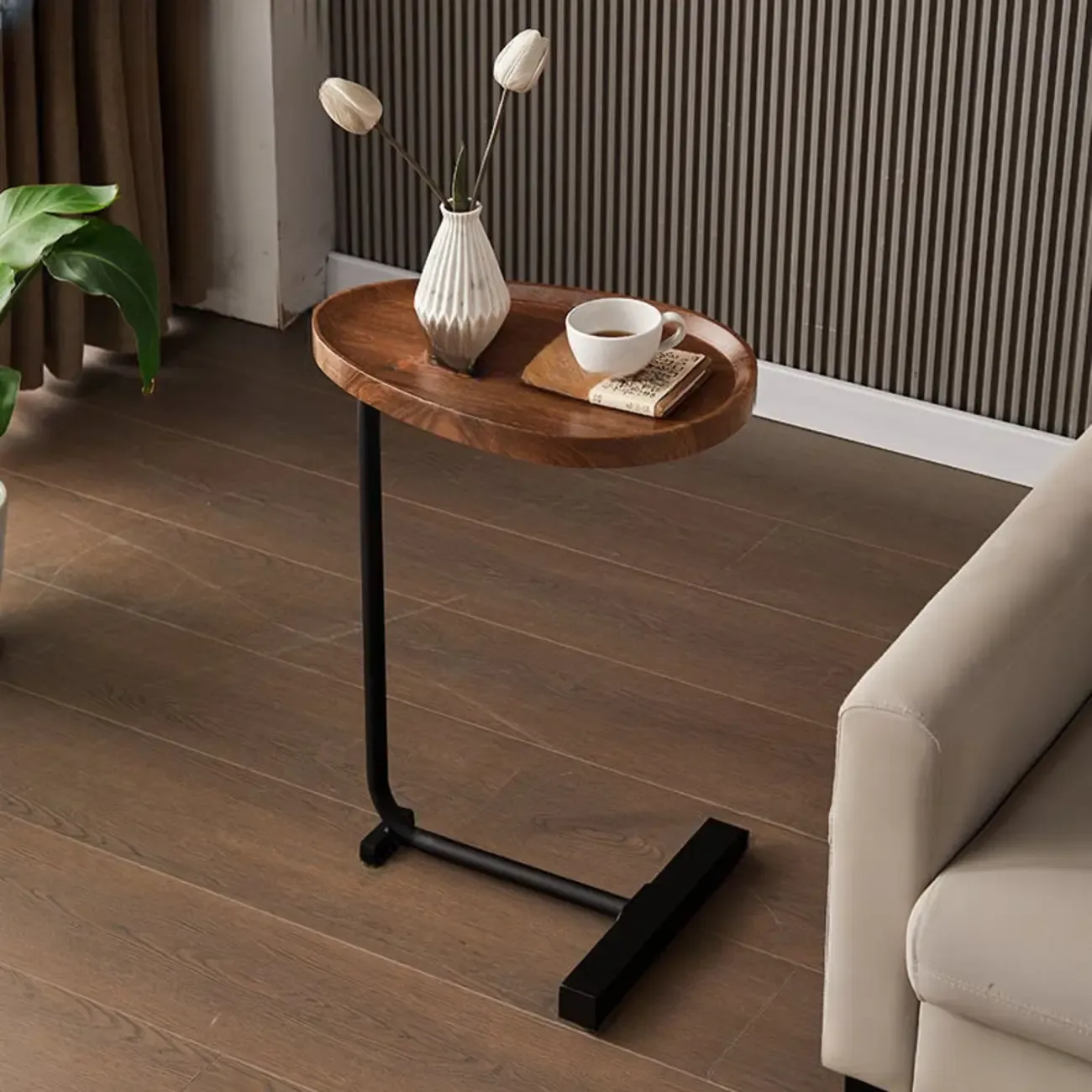 Oval Natural Wood End Table with Tray Top for Living Room Image - 11