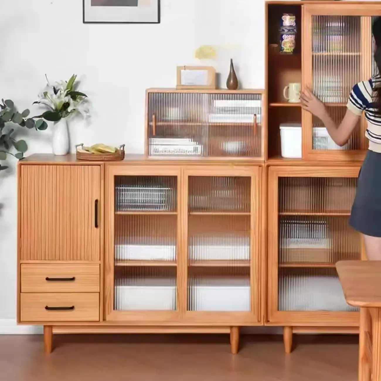 Modern Walnut Sideboard with Glass Doors and Storage  Image - 4