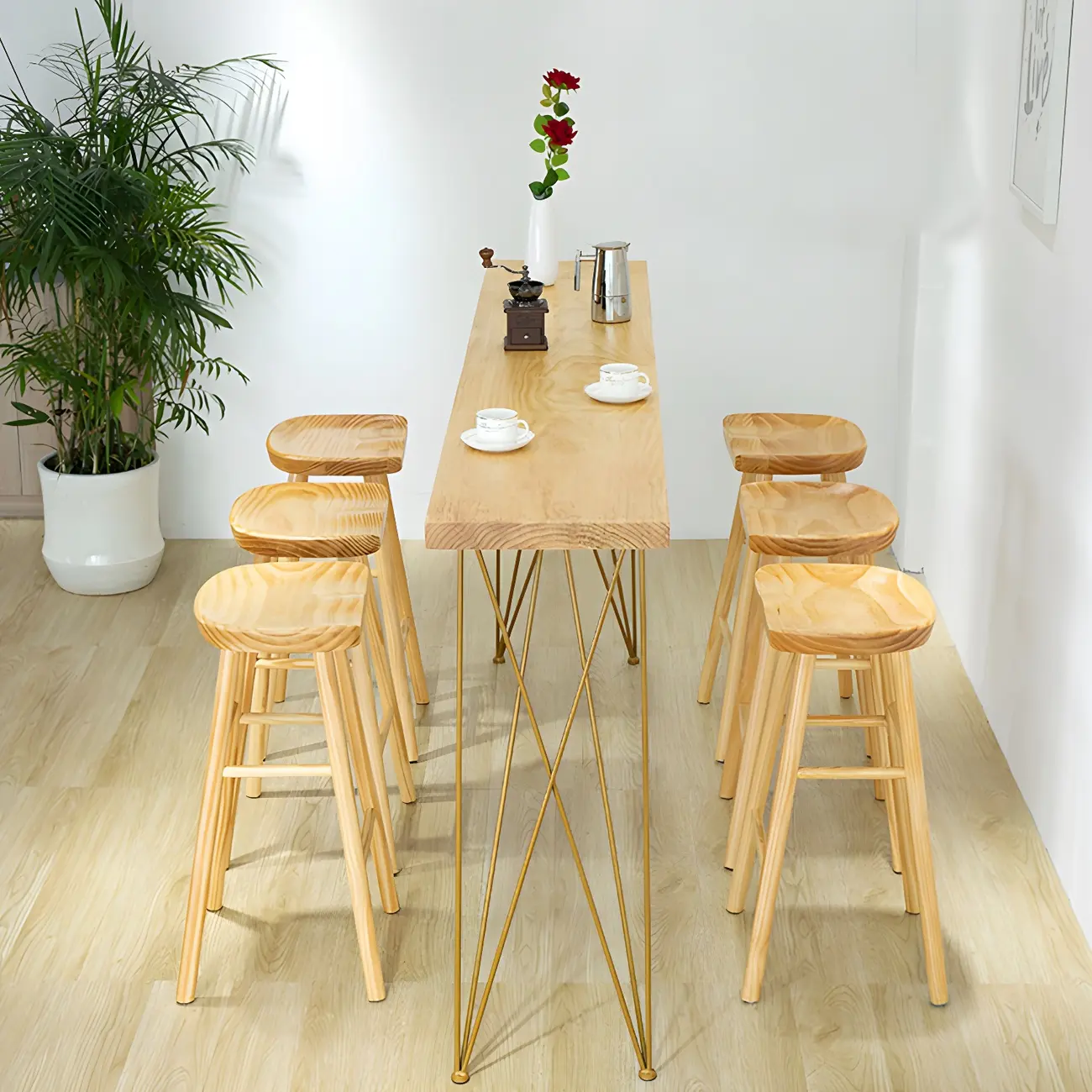 Elegant Long Bar Table with Wooden Stools Image - 2 | homeyfad