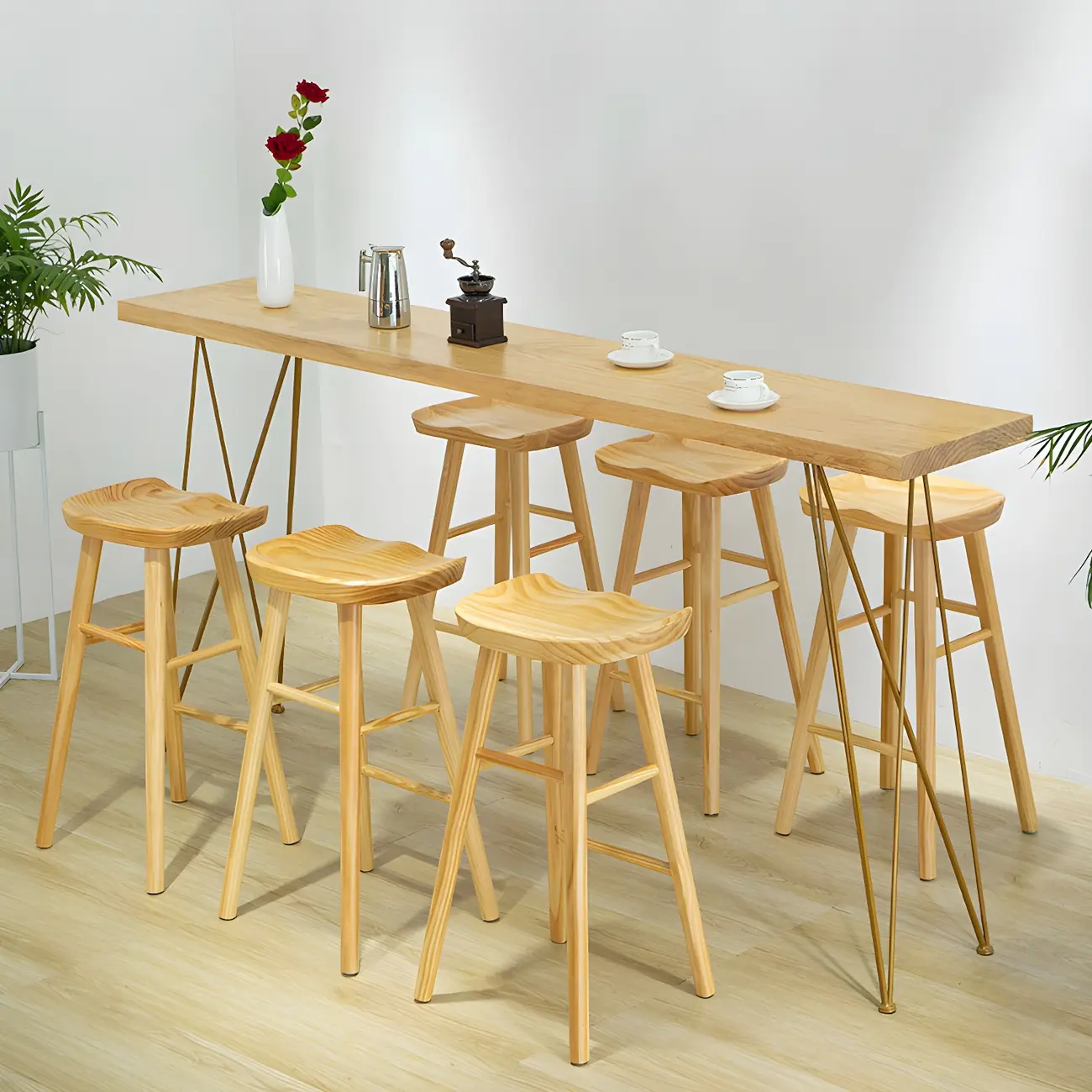 Elegant Long Bar Table with Wooden Stools Image - 3 | homeyfad