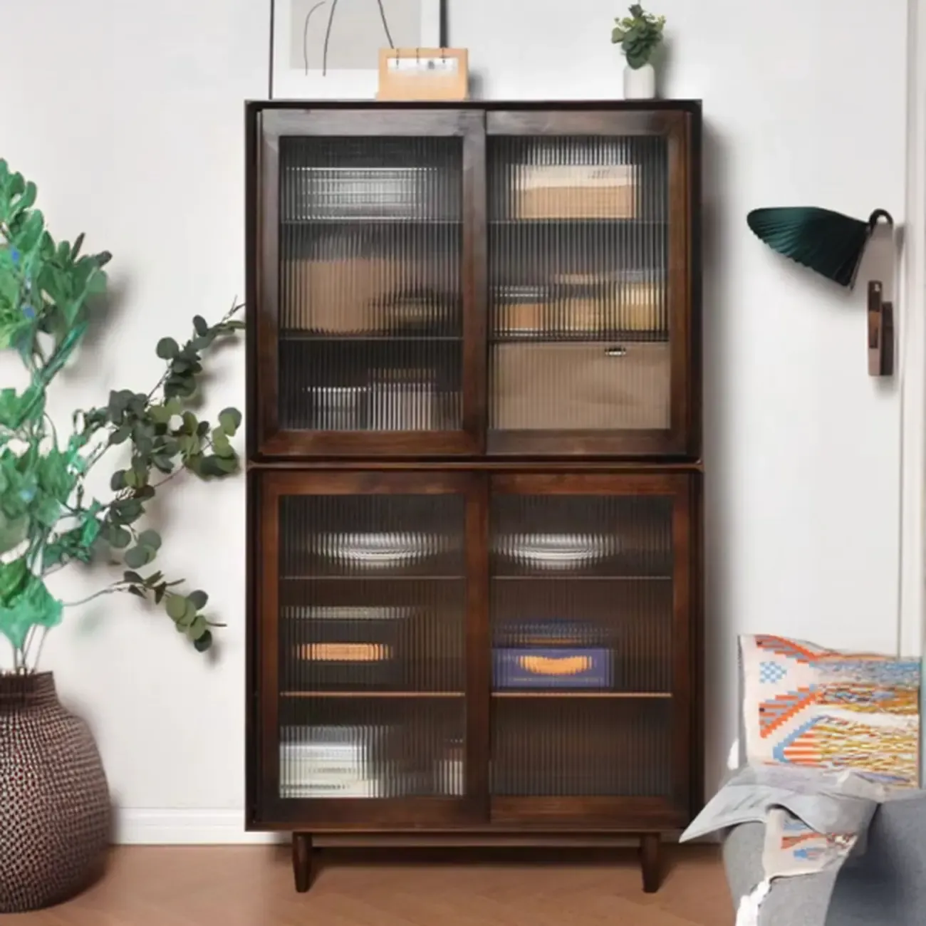 Modern Walnut Sideboard with Glass Doors and Storage  Image - 8
