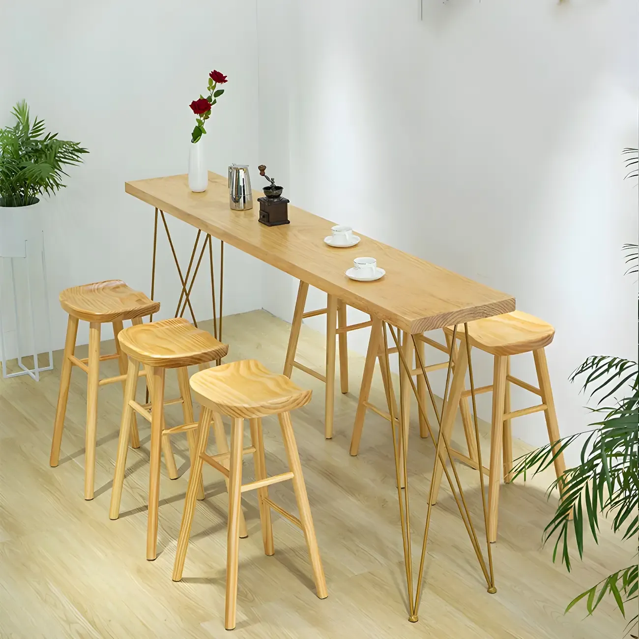 Elegant Long Bar Table with Wooden Stools Image - 4