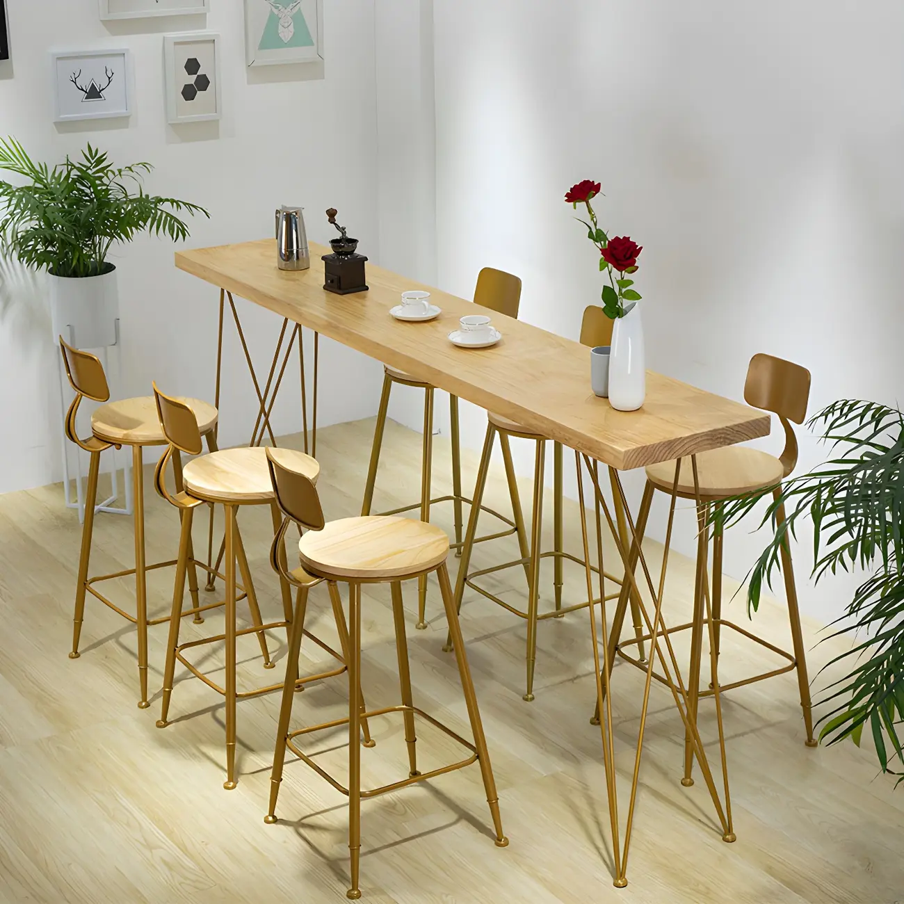 Elegant Long Bar Table with Wooden Stools Image - 5 | homeyfad