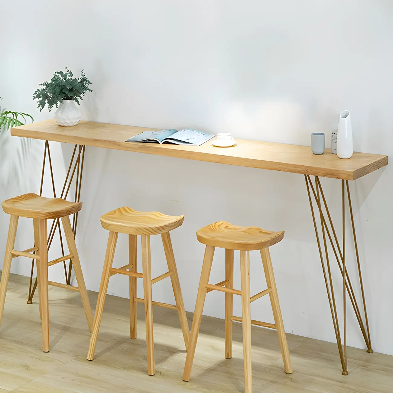 Elegant Long Bar Table with Wooden Stools Image - 6 | homeyfad