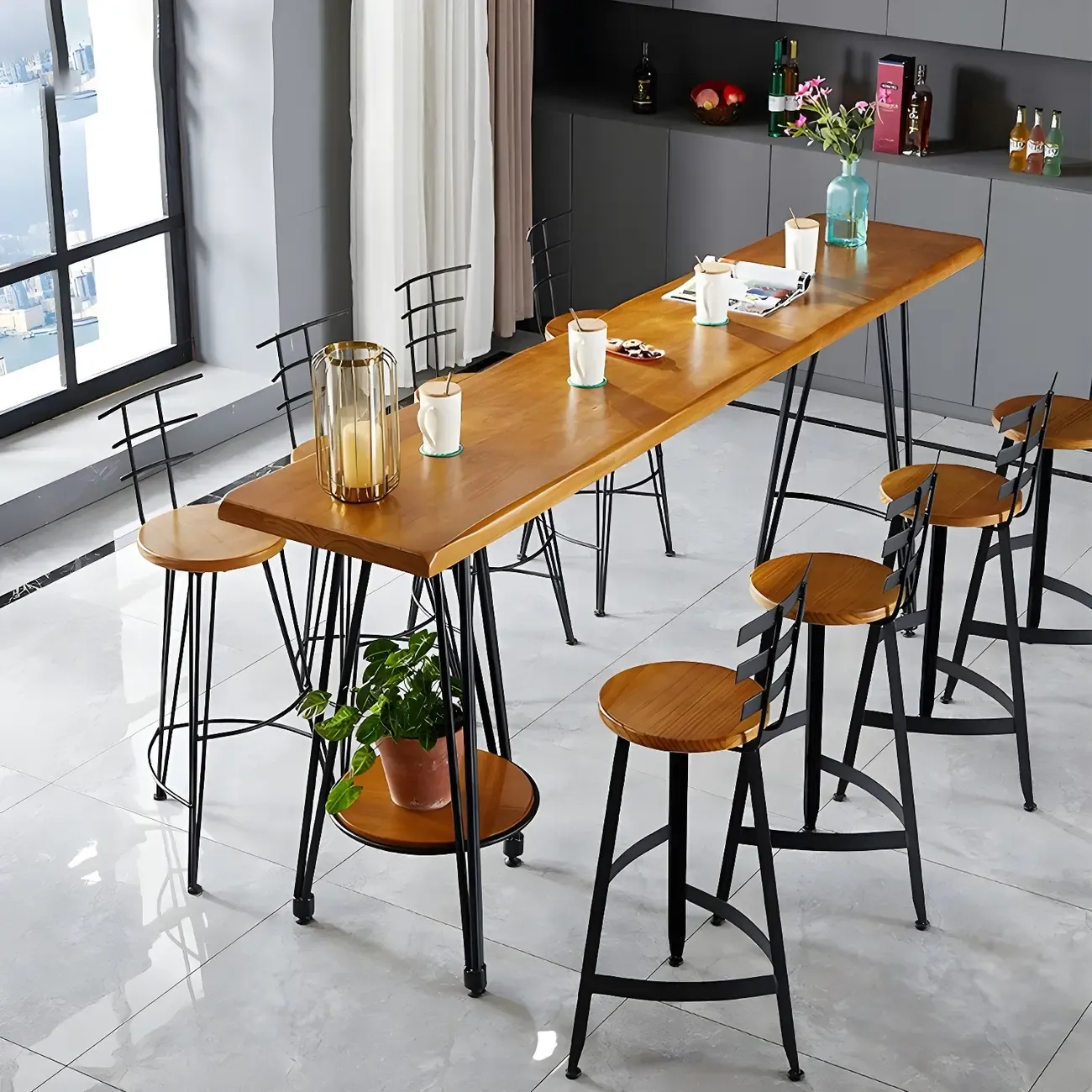 Elegant Solid Wood Bar Set with Stylish Stools for Home Image - 6