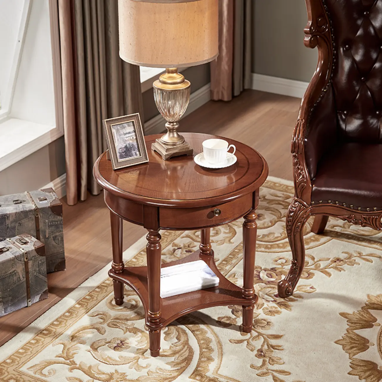 Classic Wood Round End Table for Living Room with Storage Image - 1 | homeyfad