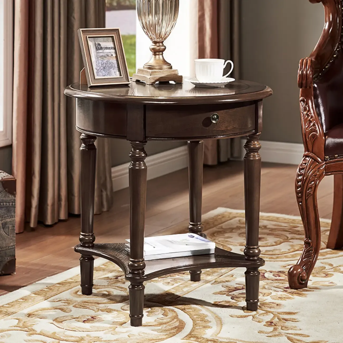 Classic Wood Round End Table for Living Room with Storage Image - 2
