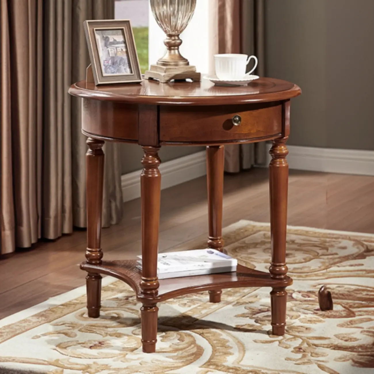 Classic Wood Round End Table for Living Room with Storage Image - 3 | homeyfad