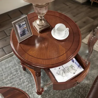 Classic Wood Round End Table for Living Room with Storage Image - 4