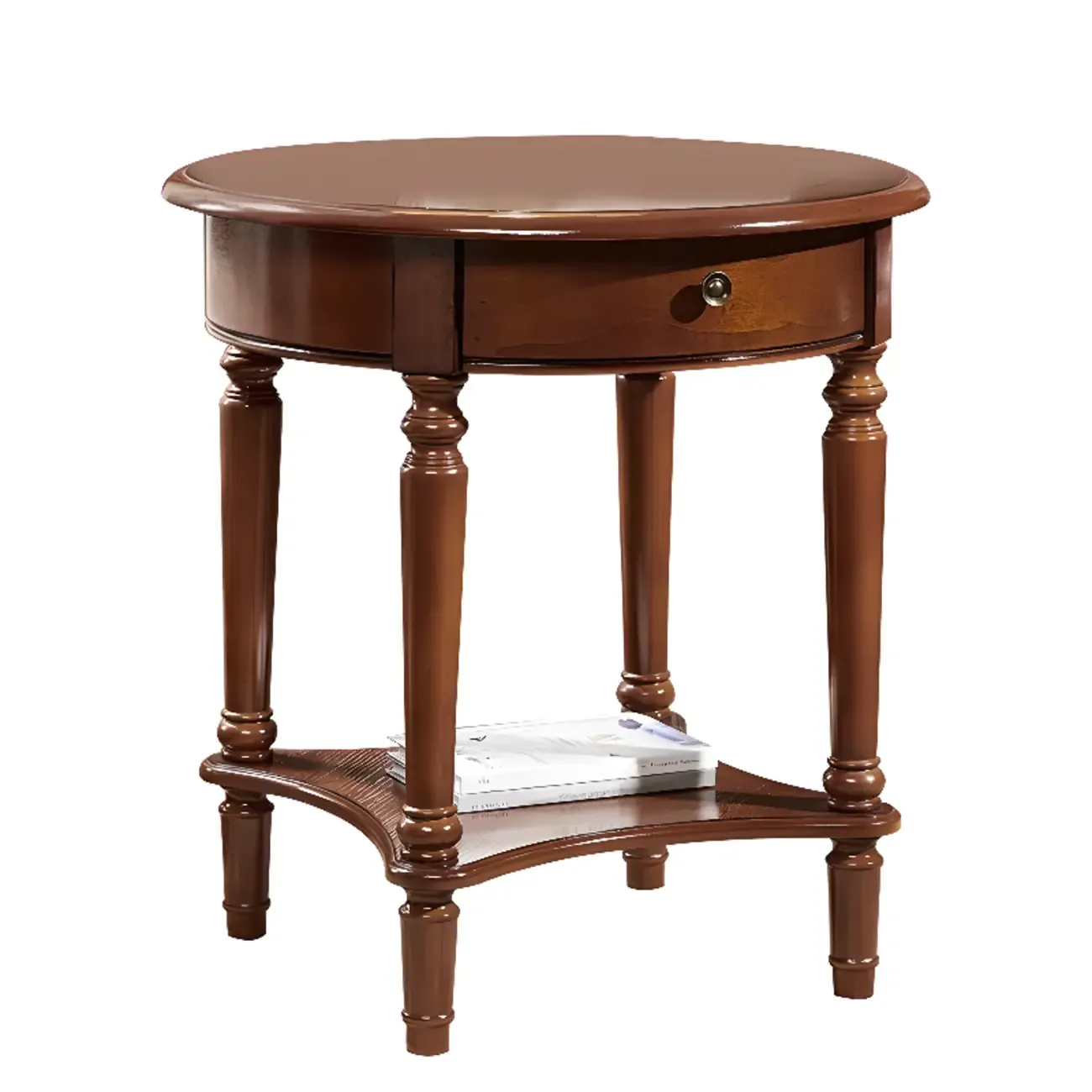 Classic Wood Round End Table for Living Room with Storage Image - 5