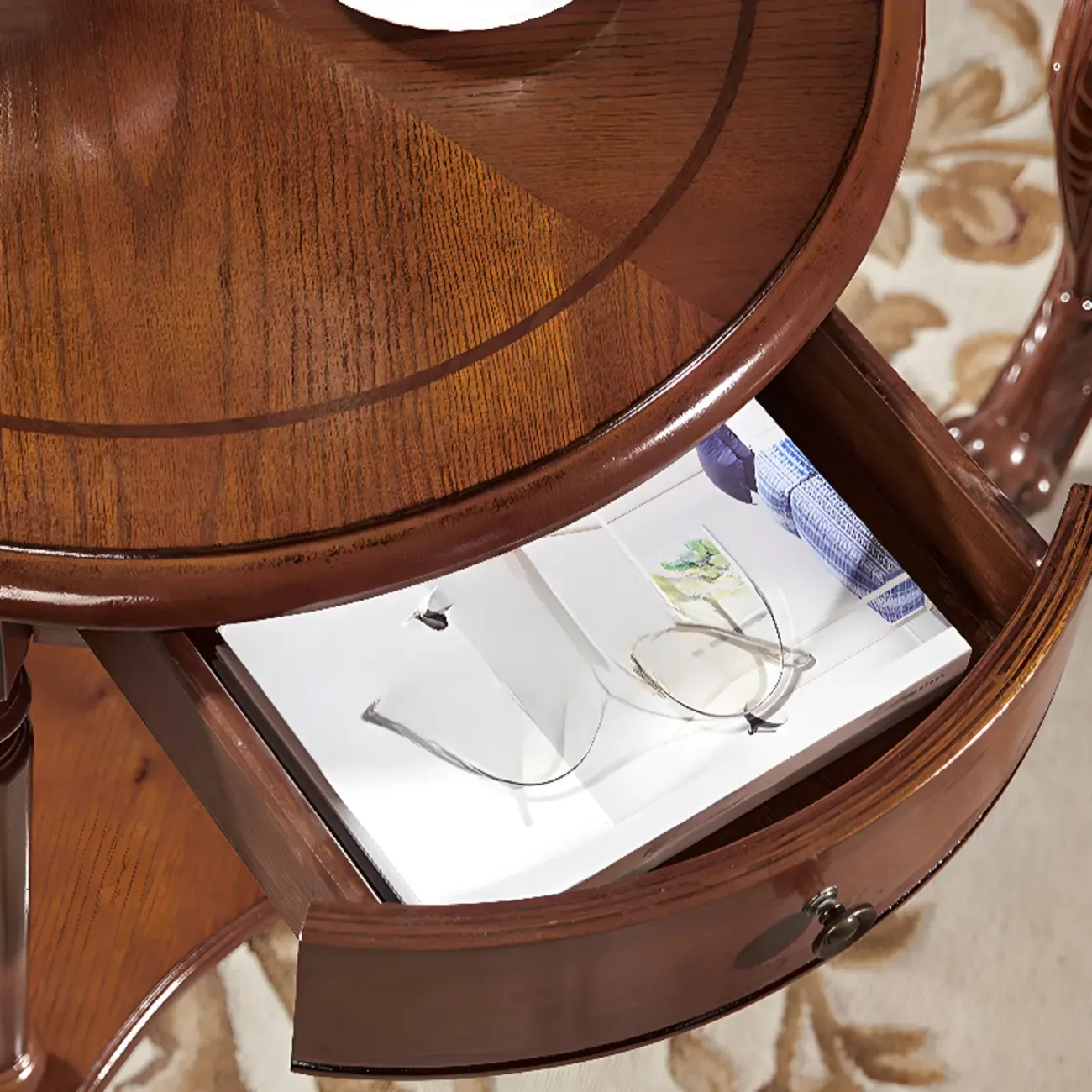 Classic Wood Round End Table for Living Room with Storage Image - 7