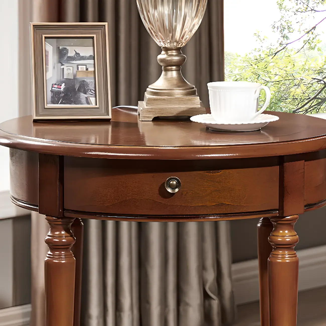 Classic Wood Round End Table for Living Room with Storage Image - 9