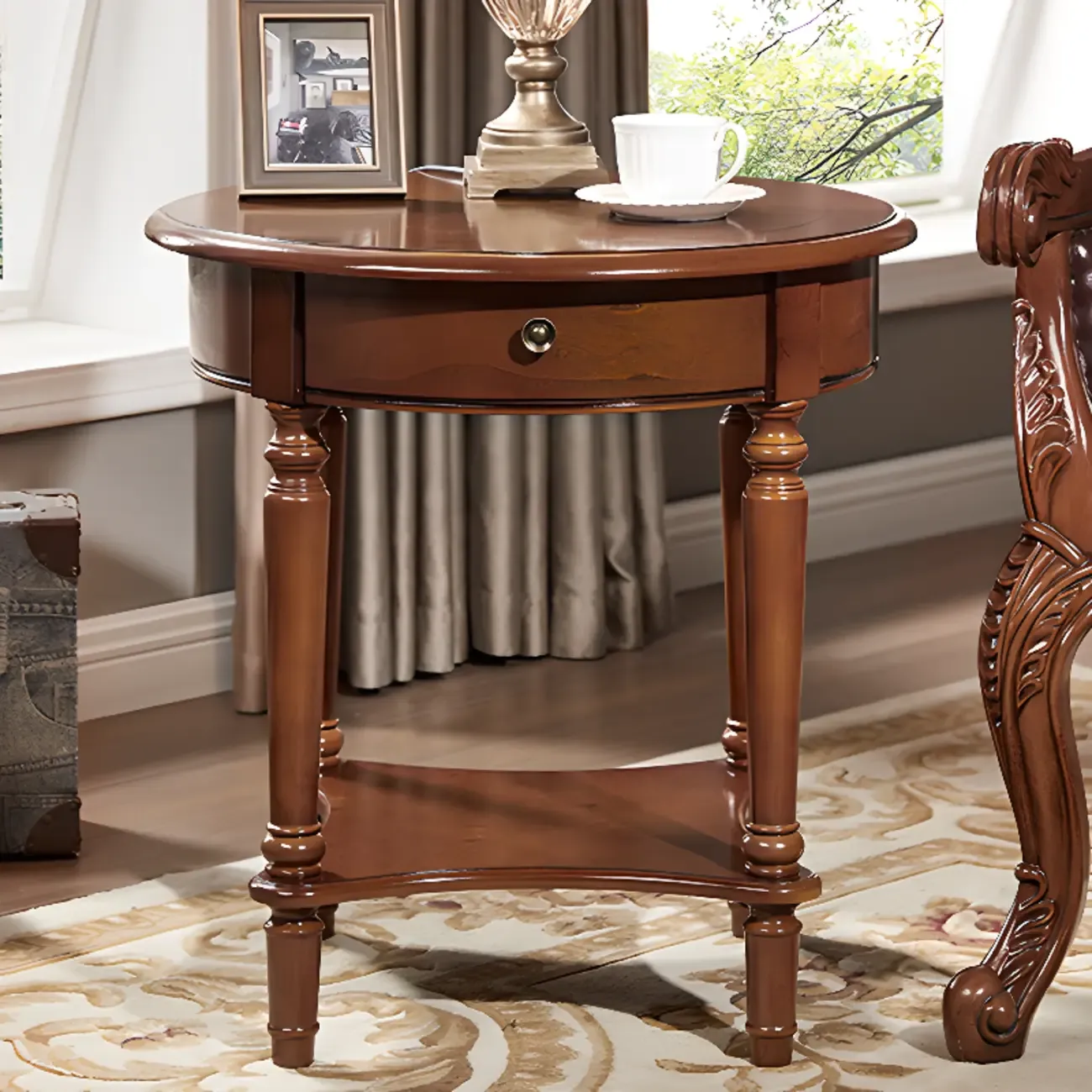 Classic Wood Round End Table for Living Room with Storage Image - 11