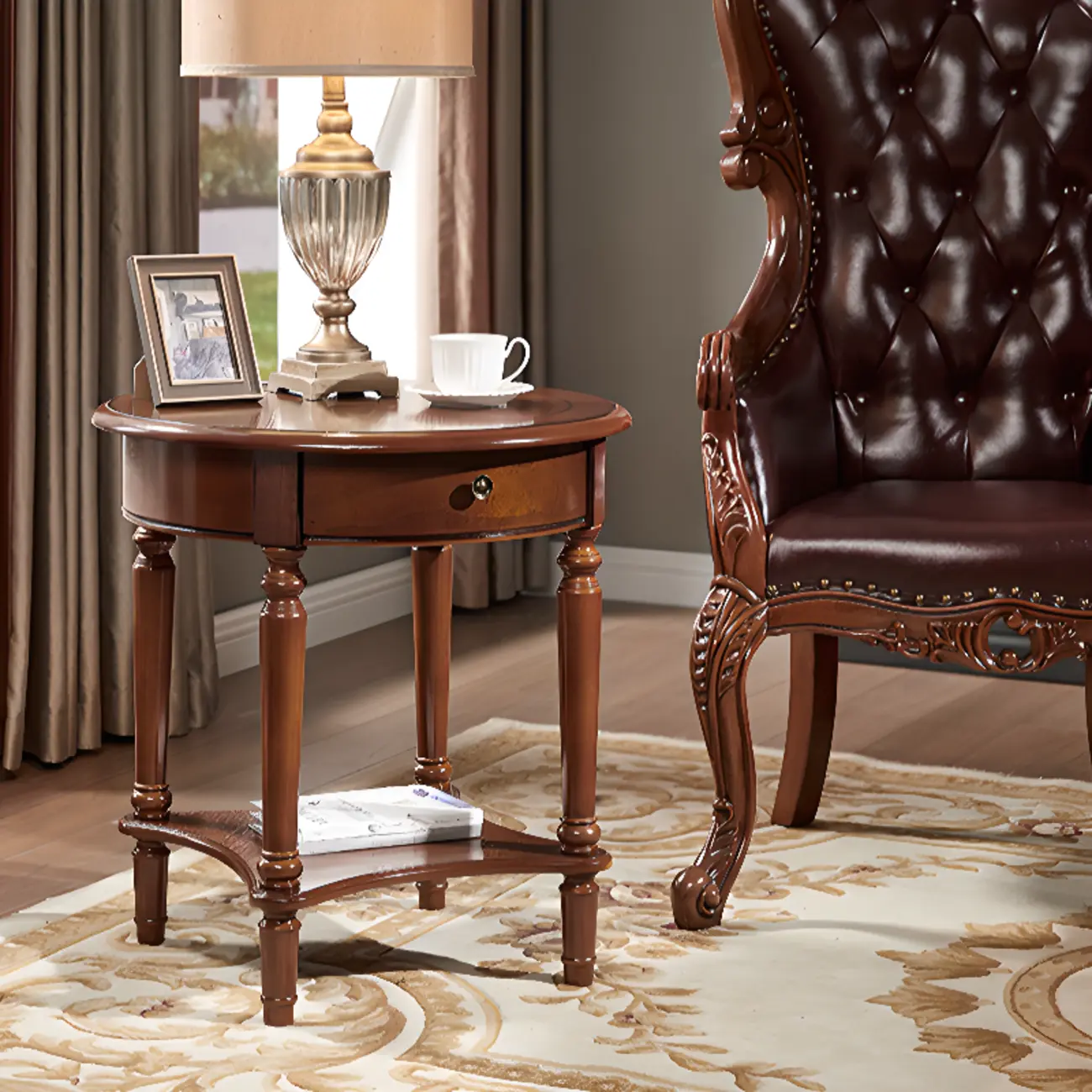 Classic Wood Round End Table for Living Room with Storage Image - 12 | homeyfad