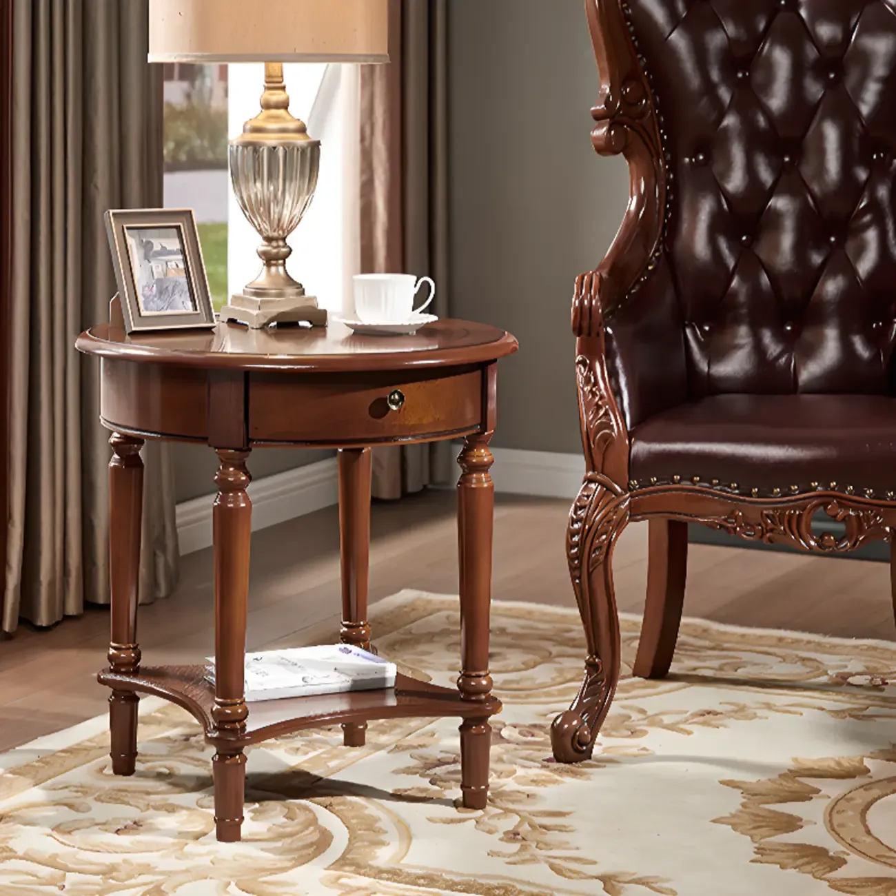 Classic Wood Round End Table for Living Room with Storage Image - 12