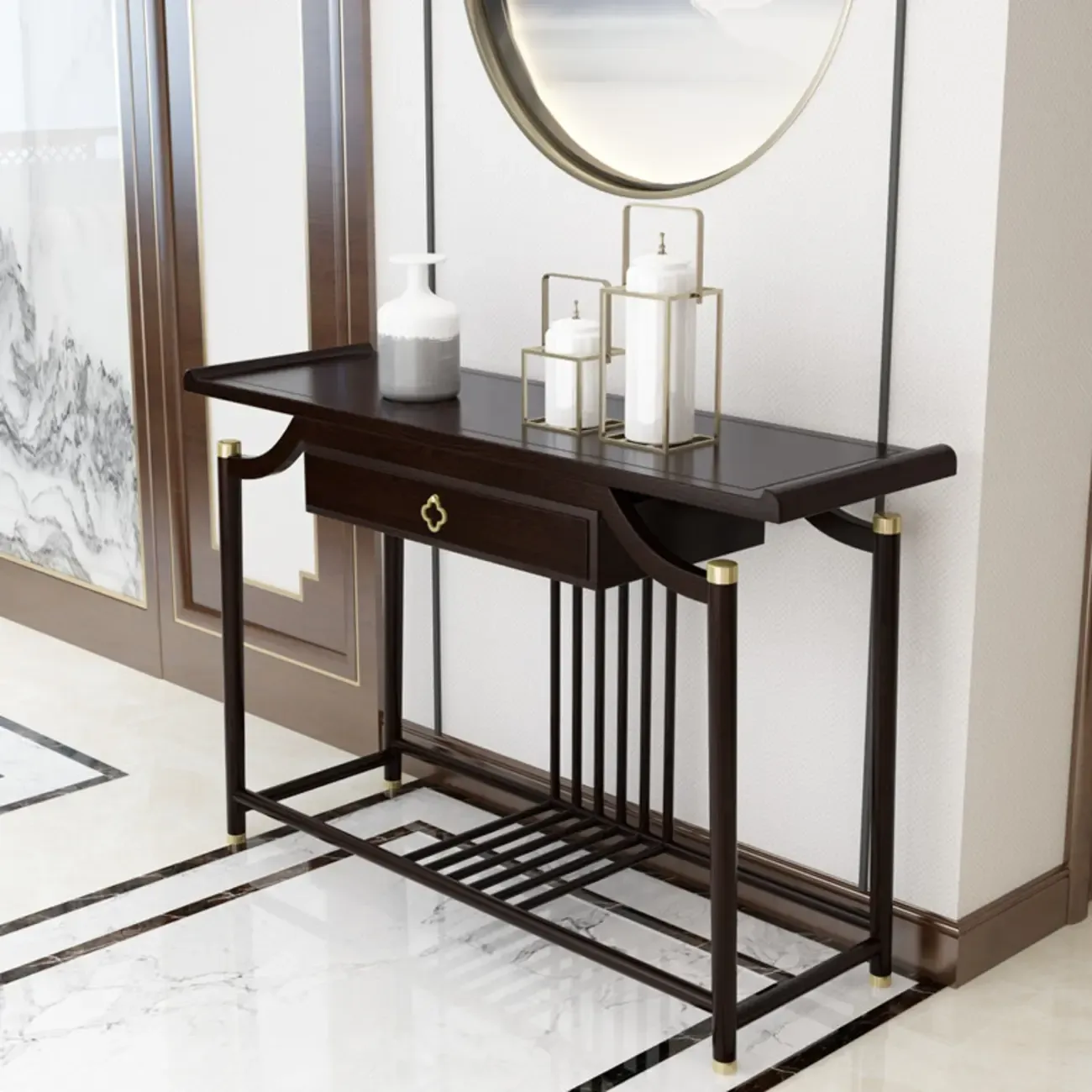 Vintage Wooden Console Table with Drawer and Shelf Image - 3