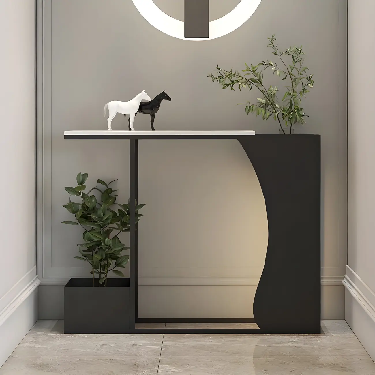 Modern Black Stone Top Console Table with Abstract Base Image - 2 | homeyfad