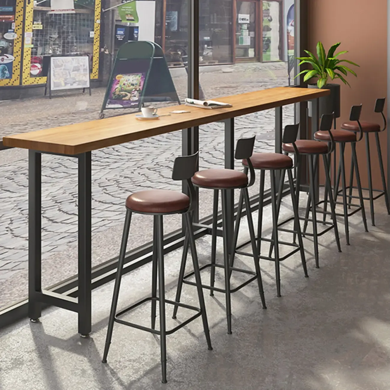 Vintage Solid Wood Trestle Base Pub Table with Footrest Image - 4