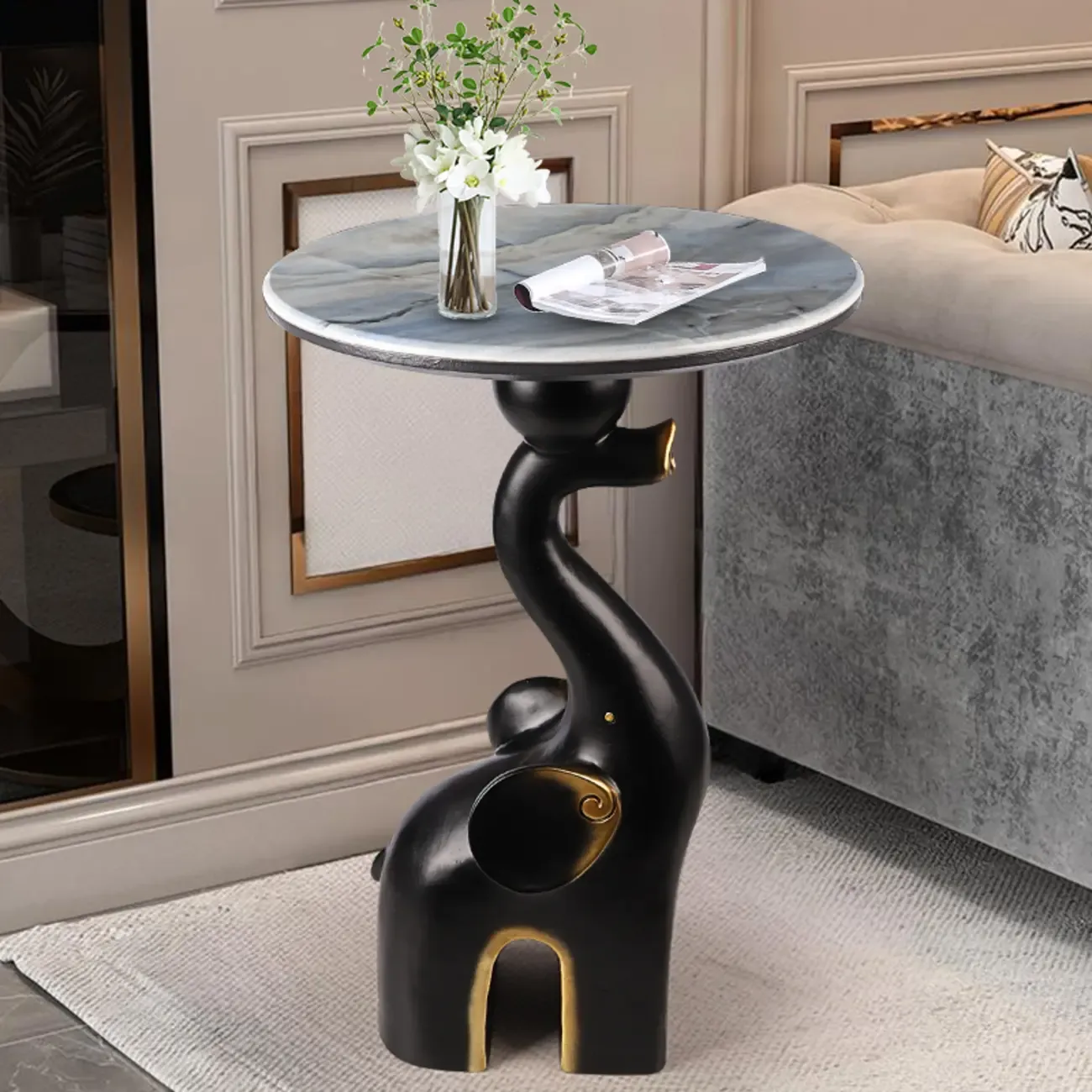 Black Elephant Side Table with Stone Top for Living Room Image - 1