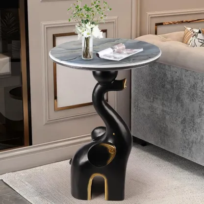 Black Elephant Side Table with Stone Top for Living Room Image - 1