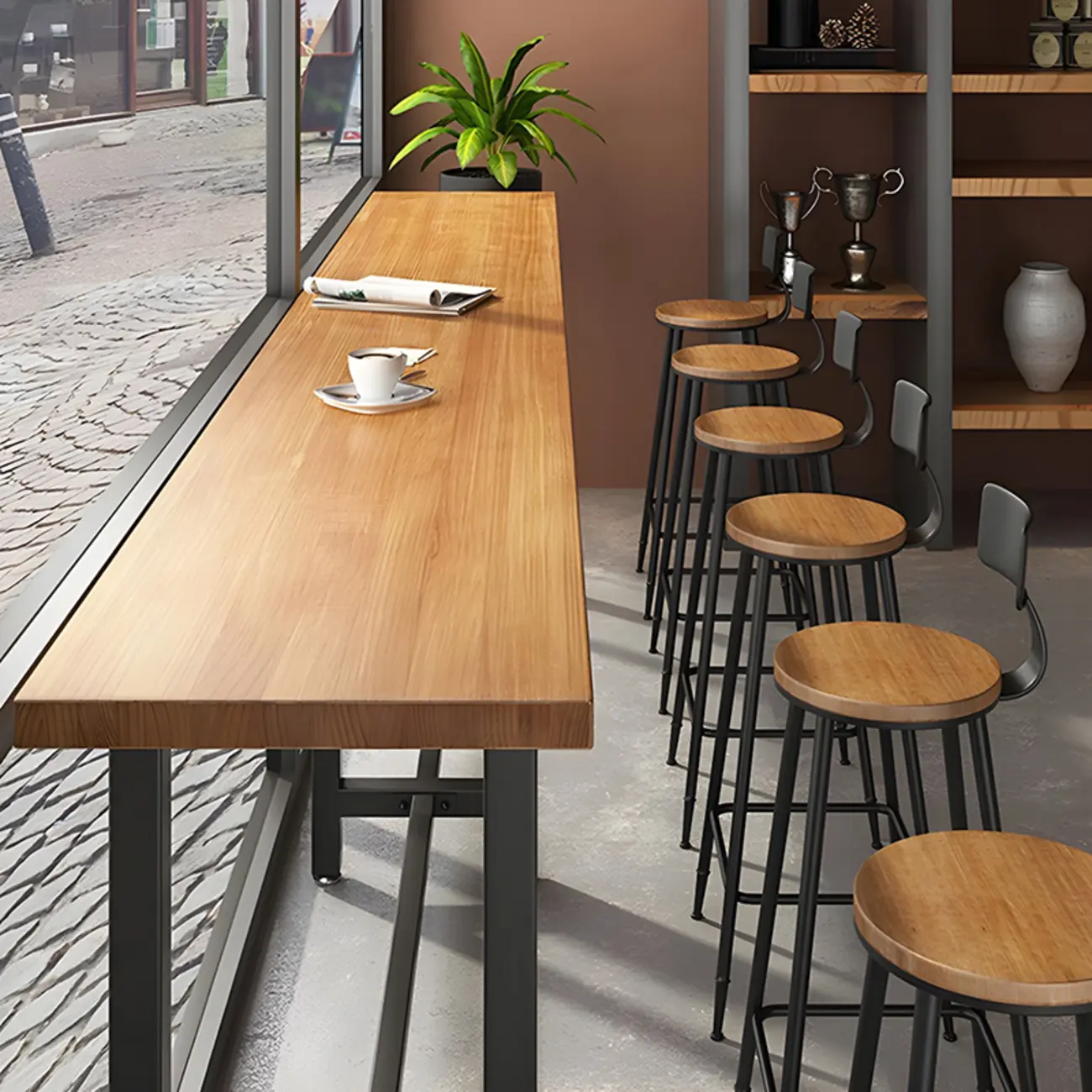 Vintage Solid Wood Trestle Base Pub Table with Footrest Image - 5 | homeyfad