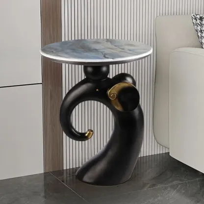 Black Elephant Side Table with Stone Top for Living Room Image - 2
