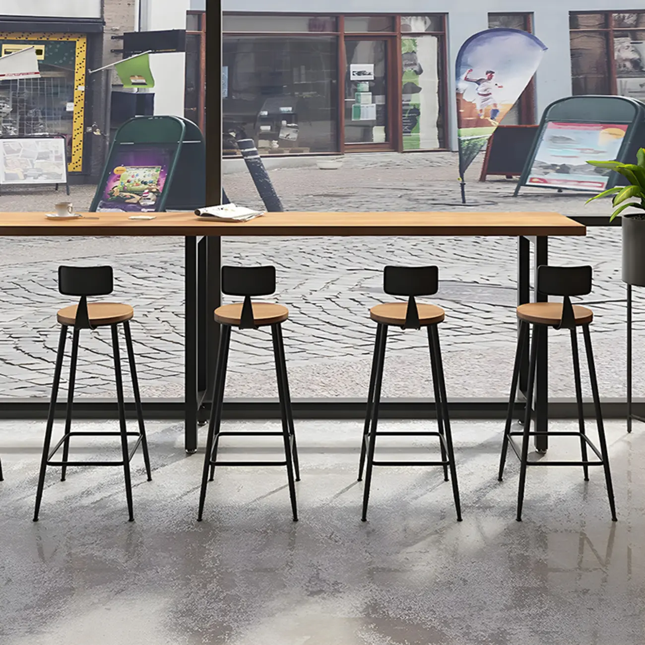 Vintage Solid Wood Trestle Base Pub Table with Footrest Image - 6 | homeyfad