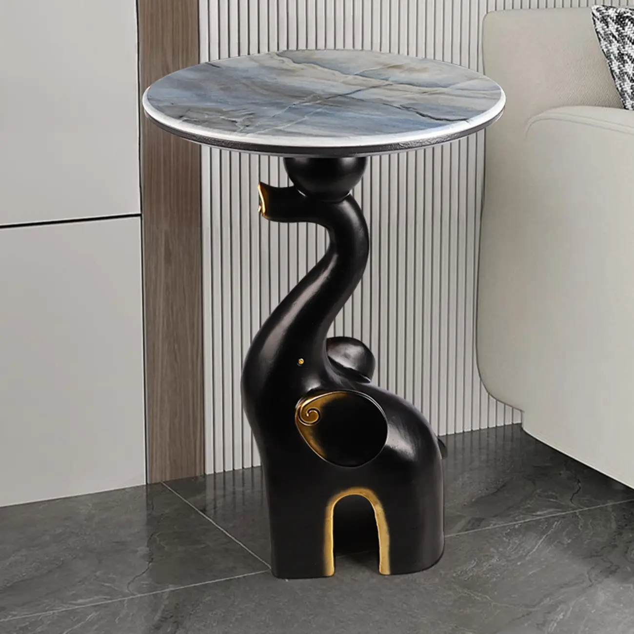 Black Elephant Side Table with Stone Top for Living Room Image - 3 | homeyfad