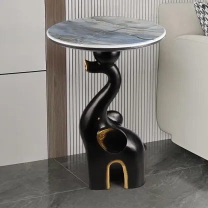 Black Elephant Side Table with Stone Top for Living Room Image - 3