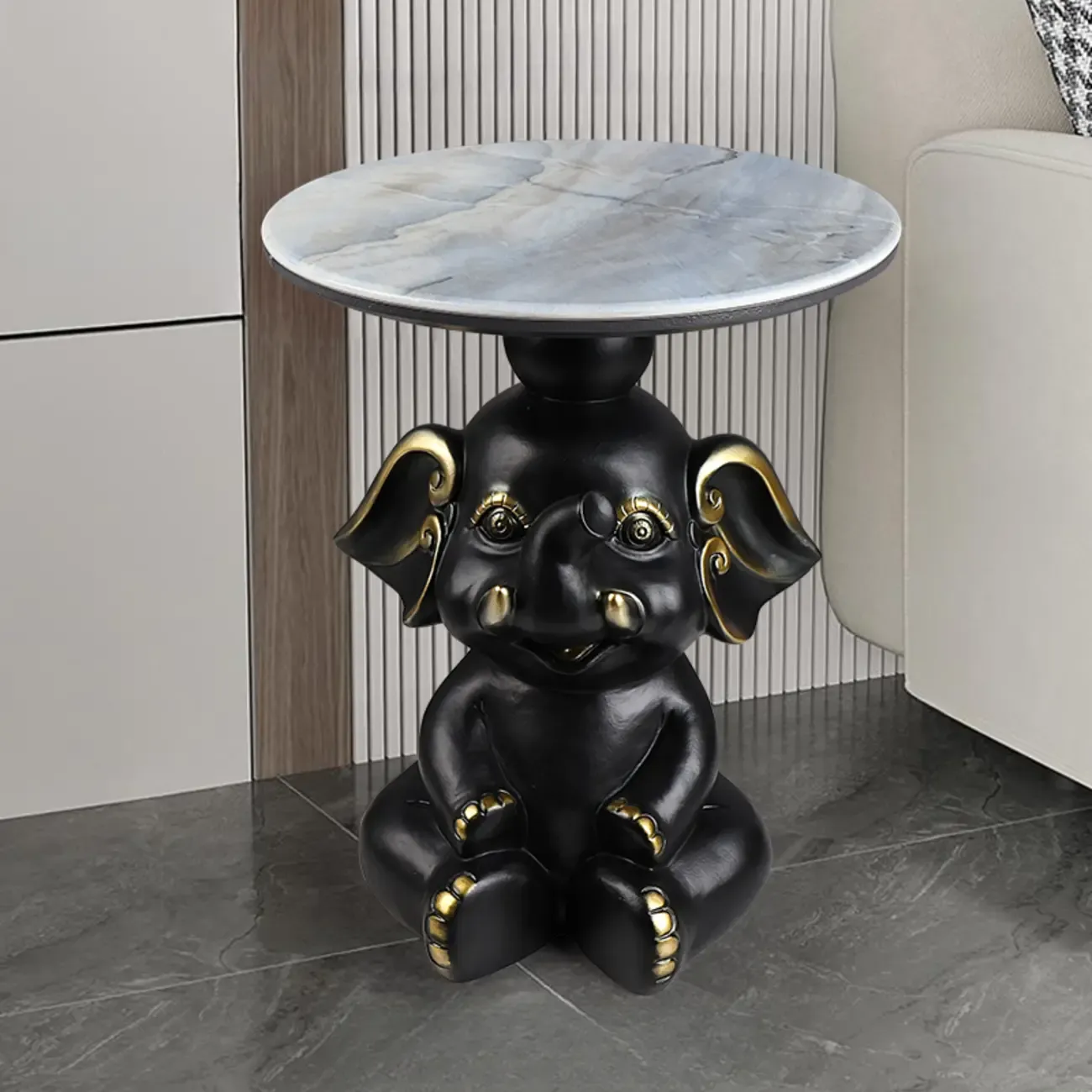 Black Elephant Side Table with Stone Top for Living Room Image - 5